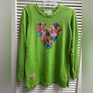 Vintage Quacker Factory Heart Butterfly Sweater Sequin Green Womens Small